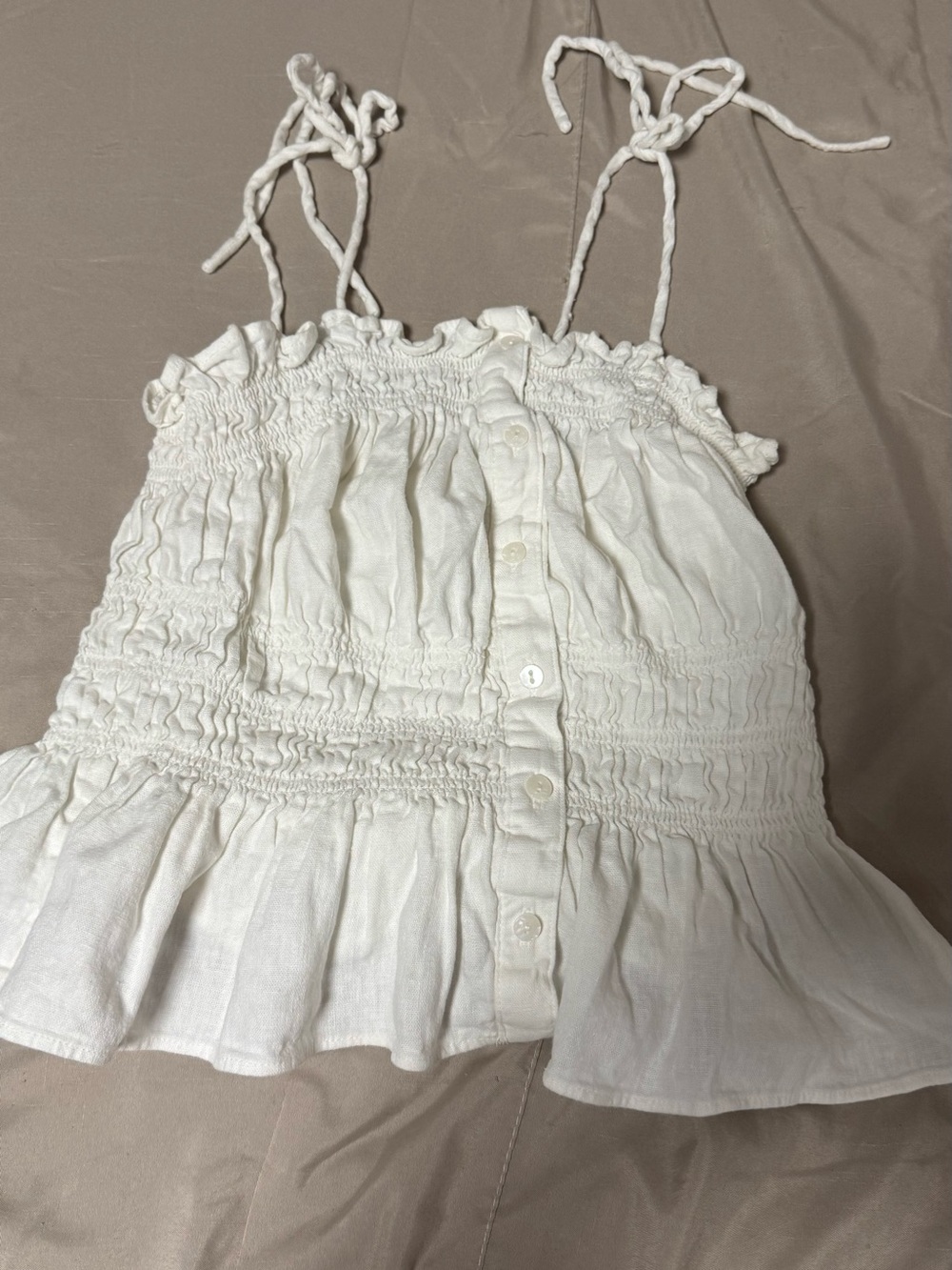 Universal Thread white ruffle blouse with button-up front and tie straps, size S